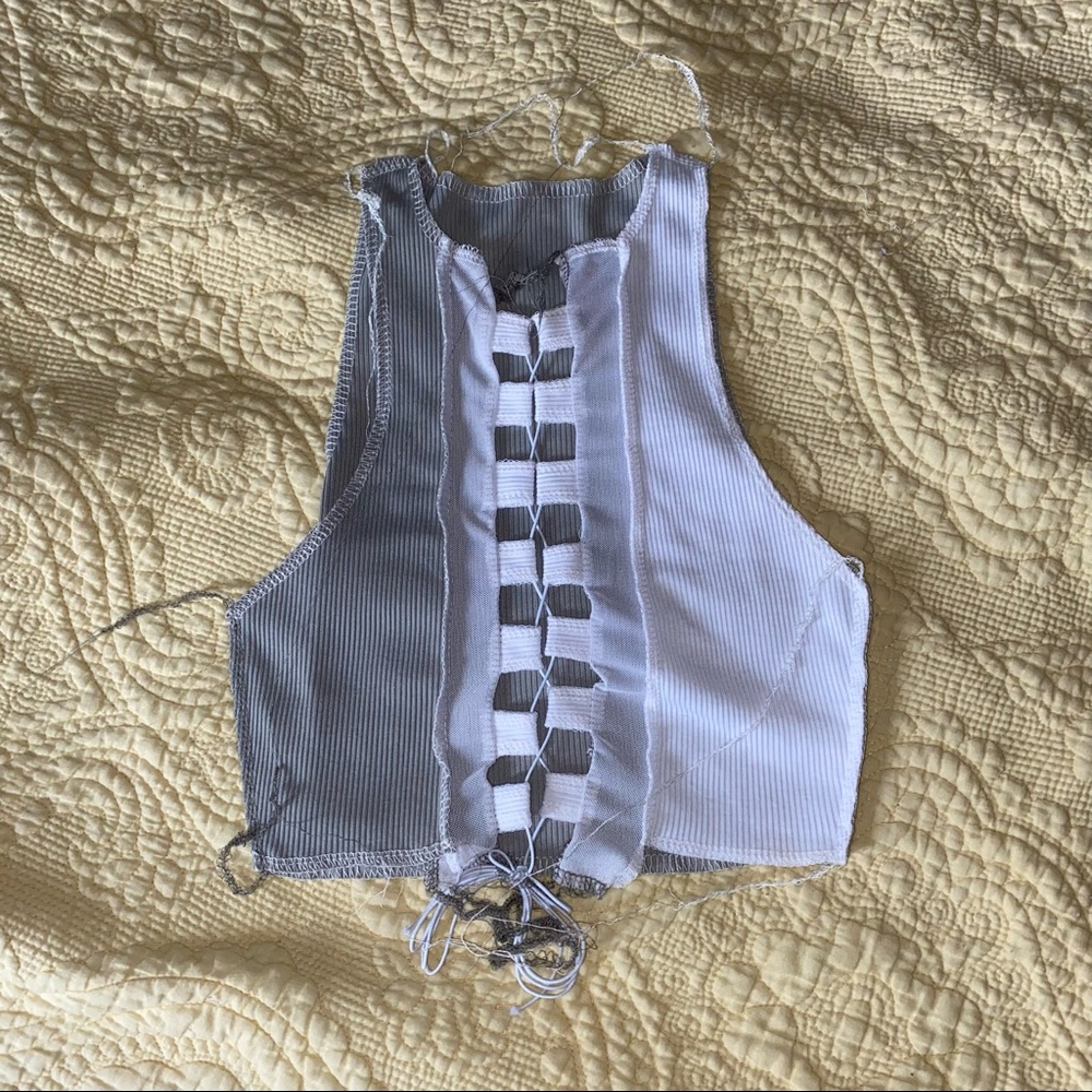 Two toned mesh lace up crop top